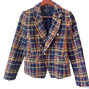 Halogen by Nordstrom Tweed Blazer Jacket Navy Multicolor Fringe Trim Size 4P